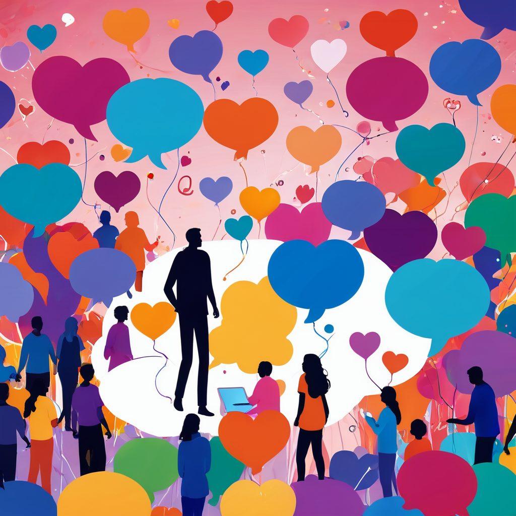 A vibrant digital landscape showcasing diverse avatars engaging in live interactions and social networking on a virtual platform. Include elements like chat bubbles, hearts, and connecting lines symbolizing relationships. The scene should reflect a sense of community with users from different backgrounds participating in various activities, like streaming and chatting. Use bright and friendly colors to evoke a sense of connection and positivity. super-realistic. vibrant colors. 3D.