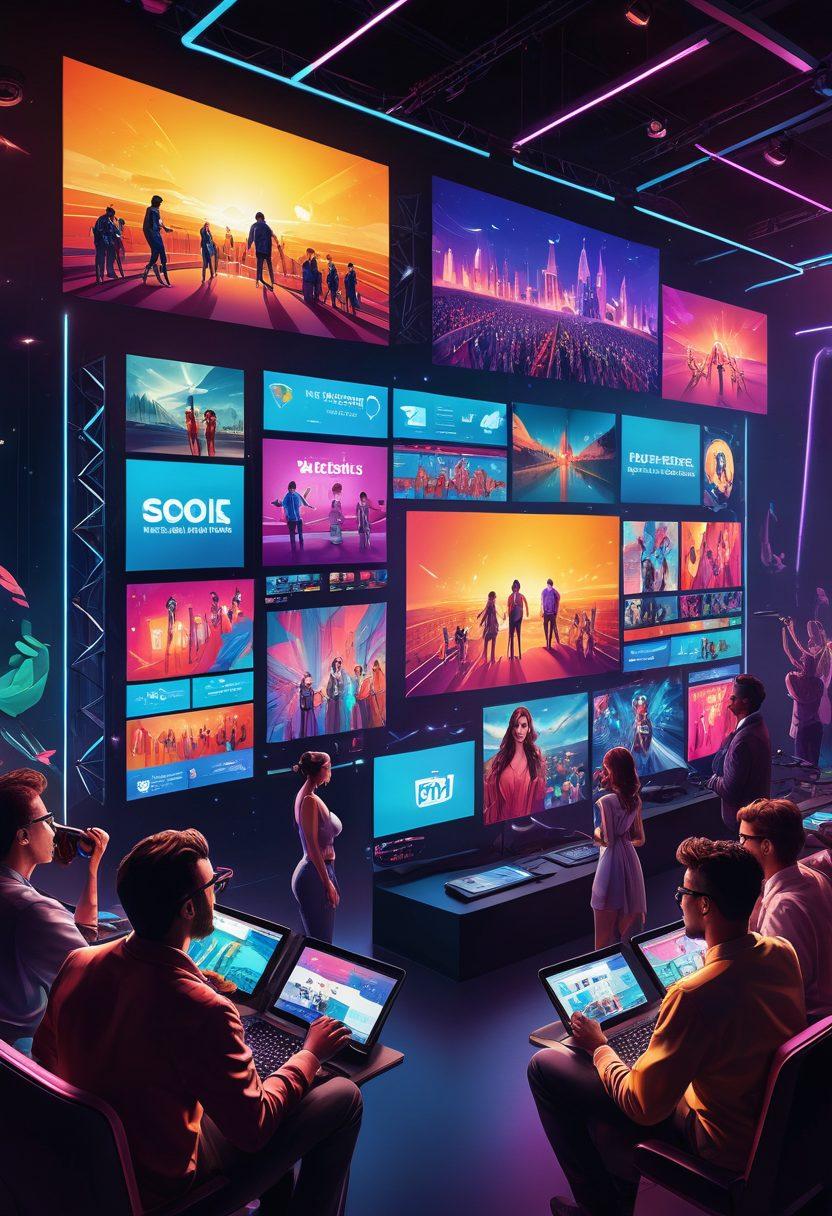 A dynamic and modern illustration showcasing the evolution of live broadcasting, featuring a stylish digital stage with diverse performers and interactive technology. Integrate elements like vibrant screens displaying real-time viewer engagement, and futuristic designs that represent adult entertainment's transformation. Capture the essence of innovation and connection with an inclusive atmosphere. colorful digital art. vibrant colors. 3D elements.