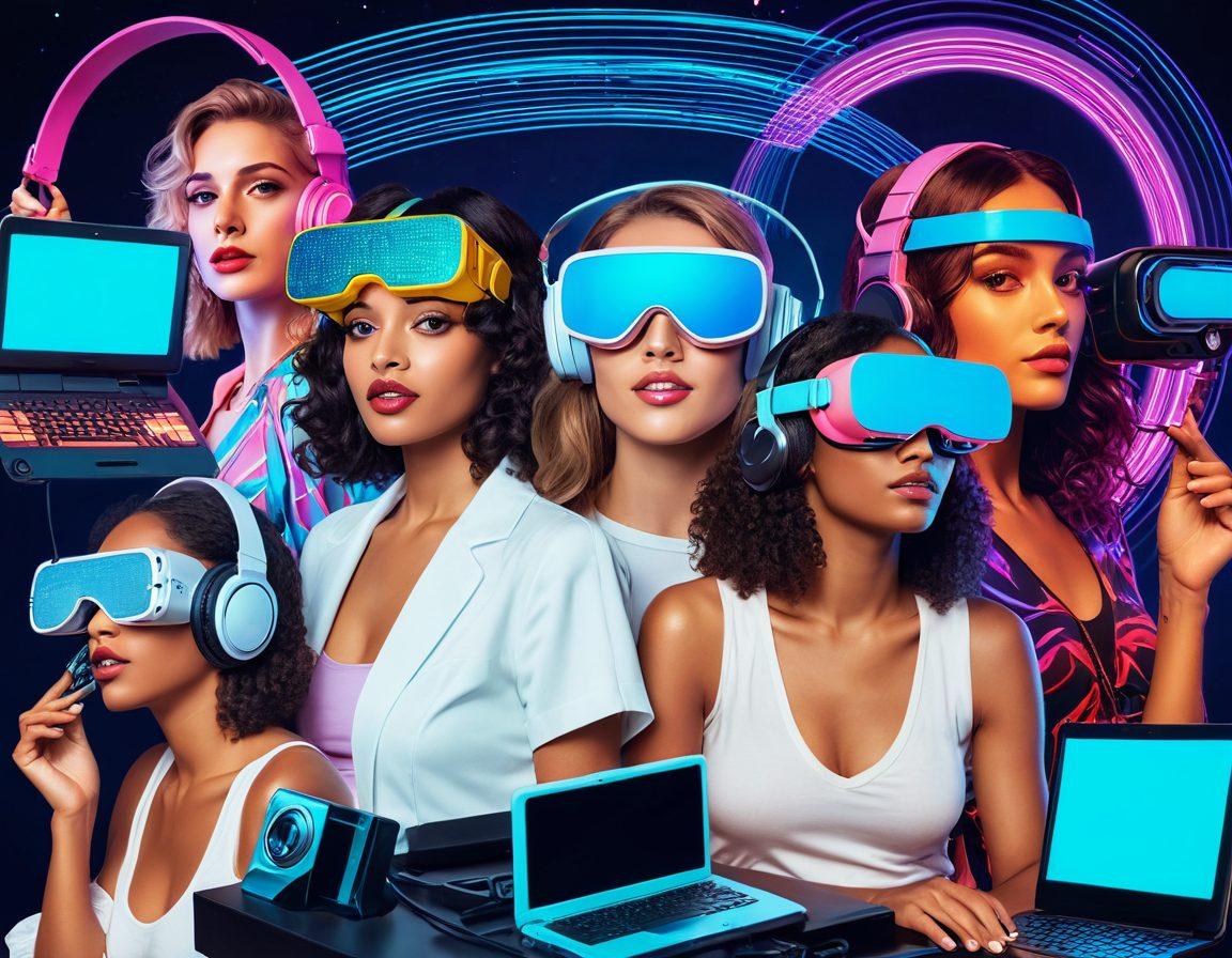 A visually striking collage showcasing the evolution of adult entertainment, featuring a vintage webcam in the foreground transitioning into modern interactive media devices like VR headsets and tablets. Incorporate elements of neon lights and digital patterns in the background to convey a sense of transformation and technological advancement. Showcase diverse couples engaging in various forms of intimate interaction through these platforms, highlighting inclusivity and connection. futuristic, vibrant colors, digital art.